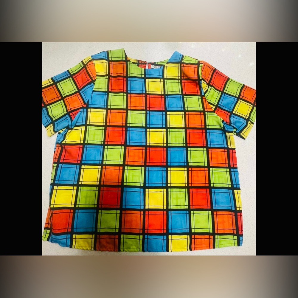 1980s Notations Vintage Womens 10 Colorblock Geometric Square Print Top, 24w‎
